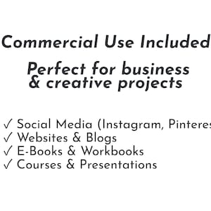 Puede incluir: Gr&aacute;fico blanco con el texto "Commercial Use Included" y "Perfect for business & creative projects." Incluye marcas de verificaci&oacute;n para redes sociales, sitios web y blogs, libros electr&oacute;nicos y cuadernos de trabajo, y cursos y presentaciones.
