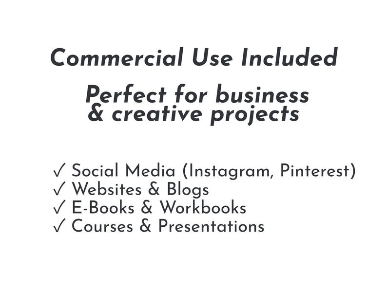 Puede incluir: Gr&aacute;fico blanco con el texto "Commercial Use Included" y "Perfect for business & creative projects." Incluye marcas de verificaci&oacute;n para redes sociales, sitios web y blogs, libros electr&oacute;nicos y cuadernos de trabajo, y cursos y presentaciones.
