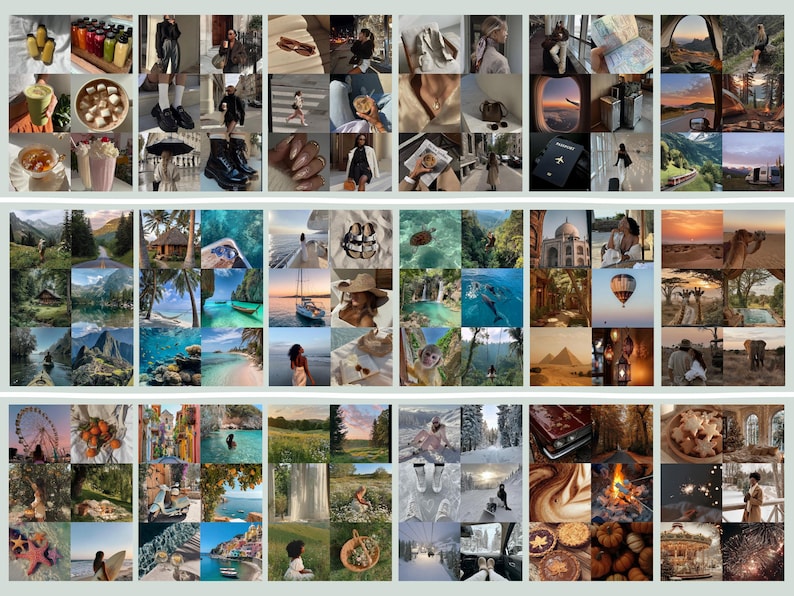Peut inclure: Un collage d'images sur les th&egrave;mes du voyage, de la nourriture et de la mode. Les images comprennent des paysages, des aliments et des boissons, des v&ecirc;tements et des accessoires. La palette de couleurs est chaude, avec des tons beiges, bruns et orang&eacute;s.