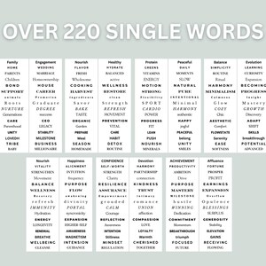Peut inclure: Image avec le texte "OVER 220 SINGLE WORDS". L'image est une liste de mots, dont "Famille", "Maison", "Mariage", "&Eacute;quilibre" et "&Eacute;volution", dispos&eacute;s en colonnes et en rang&eacute;es.