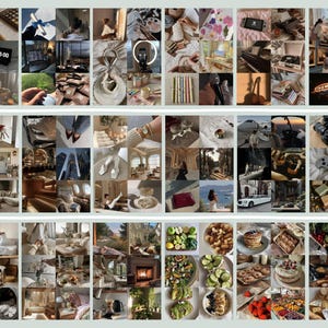 Peut inclure: Un collage d'images de style de vie pr&eacute;sentant divers objets et sc&egrave;nes. Comprend un carnet avec le texte "100/100", une horloge num&eacute;rique, des articles de mode, de la nourriture et des &eacute;l&eacute;ments de design d'int&eacute;rieur. La palette de couleurs est neutre avec des tons chauds.