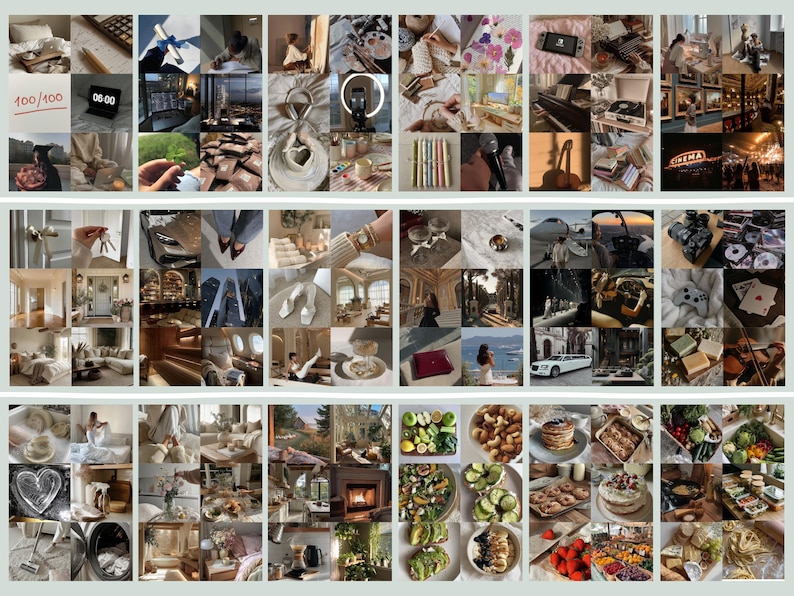 Peut inclure: Un collage d'images de style de vie pr&eacute;sentant divers objets et sc&egrave;nes. Comprend un carnet avec le texte "100/100", une horloge num&eacute;rique, des articles de mode, de la nourriture et des &eacute;l&eacute;ments de design d'int&eacute;rieur. La palette de couleurs est neutre avec des tons chauds.
