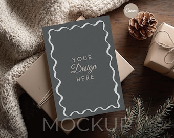 Christmas Card Mockup, 5x7 Canva Template, Holiday Invitation Mockup for Stationery Designs, Cozy Beige Theme