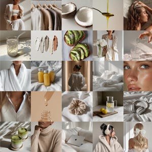 Puede incluir: Un collage de im&aacute;genes de estilo de vida con temas de bienestar y cuidado personal. Incluye im&aacute;genes de ropa, comida, productos de belleza y personas. La paleta de colores es neutra con iluminaci&oacute;n suave, creando un ambiente est&eacute;tico y relajante.