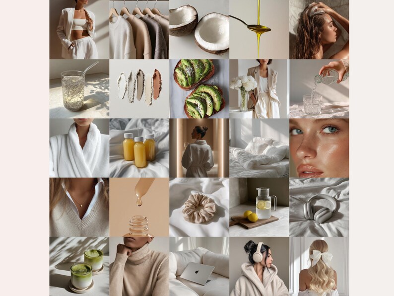 Puede incluir: Un collage de im&aacute;genes de estilo de vida con temas de bienestar y cuidado personal. Incluye im&aacute;genes de ropa, comida, productos de belleza y personas. La paleta de colores es neutra con iluminaci&oacute;n suave, creando un ambiente est&eacute;tico y relajante.