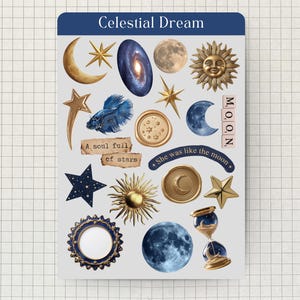 Celestial Dream Sticker Sheet | 20 Realistic PNG Stickers | Moon, Stars, Sun, Galaxy | GoodNotes, Print, Scrapbook, Vision Board Stickers