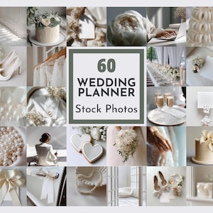 May include: A collage of wedding-themed stock photos. Images include a tiered cake, white high heels, a bride's dress, champagne glasses, and a bouquet of flowers. The text "60 WEDDING PLANNER Stock Photos" is in the center.