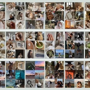Peut inclure: Un collage d'images de style de vie vari&eacute;es. On y trouve une robe de mari&eacute;e, des chaussures, des animaux de compagnie, de la nourriture, des boissons et des personnes. La palette de couleurs est douce et neutre, avec un accent sur la lumi&egrave;re naturelle et les textures.