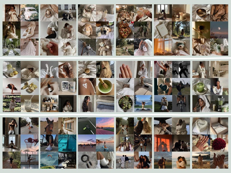 Peut inclure: Un collage d'images de style de vie vari&eacute;es. On y trouve une robe de mari&eacute;e, des chaussures, des animaux de compagnie, de la nourriture, des boissons et des personnes. La palette de couleurs est douce et neutre, avec un accent sur la lumi&egrave;re naturelle et les textures.
