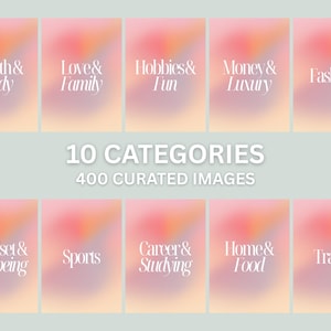 Peut inclure: Graphique pr&eacute;sentant dix cat&eacute;gories : Sant&eacute; & Corps, Amour & Famille, Loisirs & Amusement, Argent & Luxe, Mode, Esprit & Bien-&ecirc;tre, Sports, Carri&egrave;re & &Eacute;tudes, Maison & Nourriture et Voyages. Le texte "10 CAT&Eacute;GORIES" et "400 IMAGES S&Eacute;LECTIONN&Eacute;ES" sont &eacute;galement affich&eacute;s.