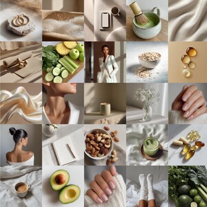 Puede incluir: Un collage de im&aacute;genes de estilo de vida con joyas de oro, una bebida de matcha, frutas y verduras frescas, una mujer con una blazer blanca, un cuaderno, nueces y productos de belleza. Las im&aacute;genes tienen una paleta de colores neutros y luz natural, sugiriendo bienestar.