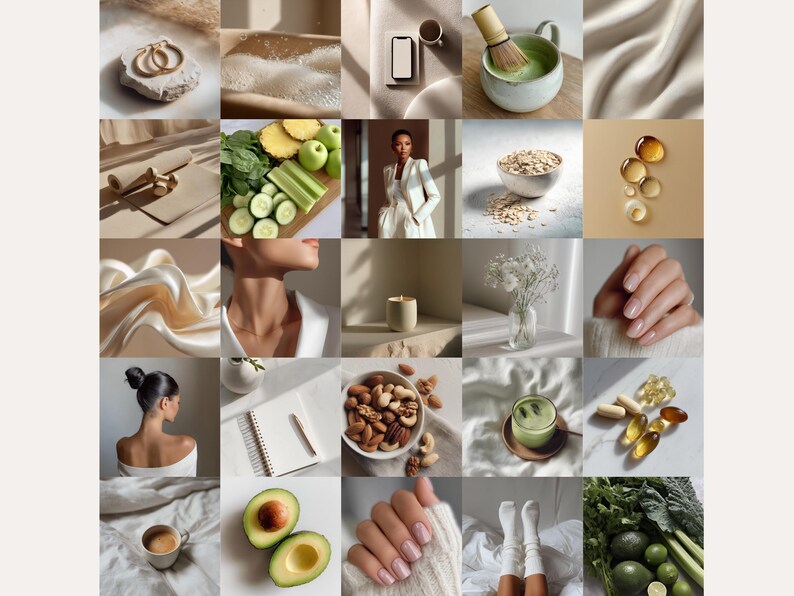 Puede incluir: Un collage de im&aacute;genes de estilo de vida con joyas de oro, una bebida de matcha, frutas y verduras frescas, una mujer con una blazer blanca, un cuaderno, nueces y productos de belleza. Las im&aacute;genes tienen una paleta de colores neutros y luz natural, sugiriendo bienestar.