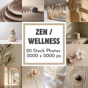 Puede incluir: Un collage de im&aacute;genes serenas con un tema de Zen y bienestar. Las im&aacute;genes incluyen una pila de piedras, cristales, una vela, flores y arte de arena. El texto central dice "ZEN / WELLNESS" y "20 Stock Photos 2000 x 2000 px."
