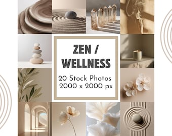 May include: A collage of serene images with a Zen and wellness theme. The images include a stack of stones, crystals, a candle, flowers, and sand art. The text in the center reads "ZEN / WELLNESS" and "20 Stock Photos 2000 x 2000 px."