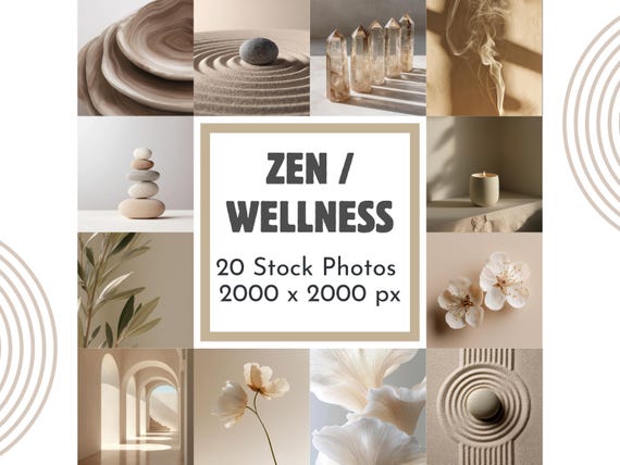 Zen Wellness Stock Photos - 20 Neutral Aesthetic Lifestyle Images, Minimalist Sand, Crystals, Branding Kit, AI