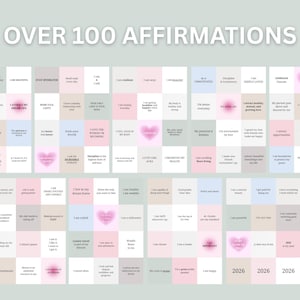 Peut inclure: Une grille de plus de 100 affirmations aux couleurs pastel. Chaque carr&eacute; contient une affirmation positive, comme &laquo; Je suis r&eacute;silient &raquo; ou &laquo; Je suis en bonne sant&eacute; &raquo;. Les mots &laquo; OVER 100 AFFIRMATIONS &raquo; sont en haut.