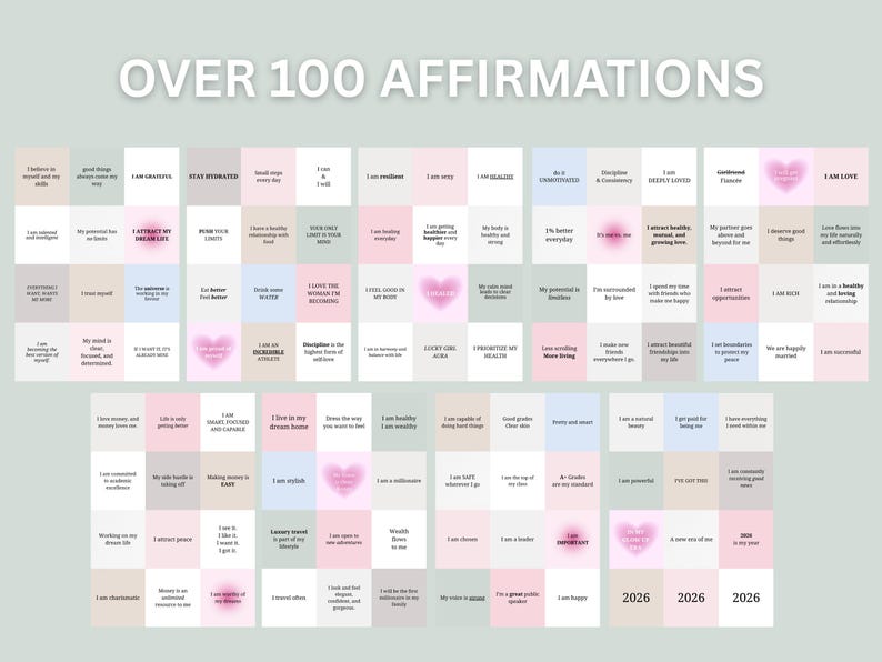 Peut inclure: Une grille de plus de 100 affirmations aux couleurs pastel. Chaque carr&eacute; contient une affirmation positive, comme &laquo; Je suis r&eacute;silient &raquo; ou &laquo; Je suis en bonne sant&eacute; &raquo;. Les mots &laquo; OVER 100 AFFIRMATIONS &raquo; sont en haut.