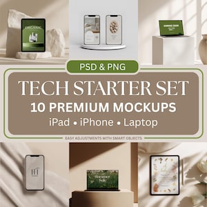 May include: A promotional image showcasing a tech starter set with 10 premium mockups for iPad, iPhone, and laptop. The image features various devices displaying different designs, with the text "TECH STARTER SET" and "PSD & PNG" prominently displayed.