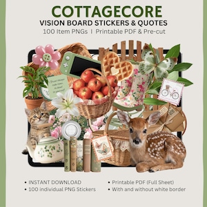 Cottagecore Digital Sticker Bundle | 100 Realistic PNG Stickers + Quotes | 4 Categories | GoodNotes, Print + Canva Ready | Instant Download
