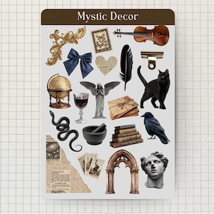 Peut inclure: Une planche d'autocollants intitulée Mystic Decor présentant diverses illustrations dont un parchemin doré, un nœud bleu, un violon, une plume noire, un globe, un verre à vin, une statue d'ange, un chat noir, un corbeau, un serpent, un mortier.
