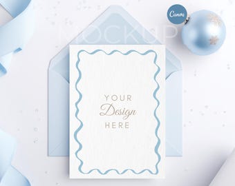 Holiday Card Mockup 5x7 – Christmas Invitation Template – Canva Editable – Greeting Card – Digital Product - Icy Blue Theme