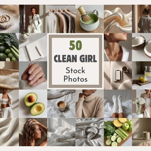 Puede incluir: Un collage de 25 im&aacute;genes en tonos neutros. Las im&aacute;genes incluyen una mujer con un traje blanco, una taza de matcha, un cuaderno, aguacates y el texto "50 CLEAN GIRL Stock Photos".