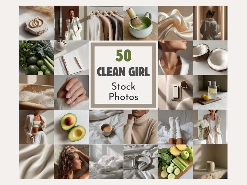 Puede incluir: Un collage de 25 im&aacute;genes en tonos neutros. Las im&aacute;genes incluyen una mujer con un traje blanco, una taza de matcha, un cuaderno, aguacates y el texto "50 CLEAN GIRL Stock Photos".