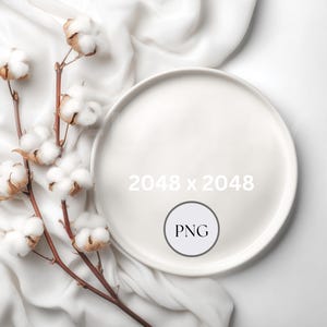 May include: A white ceramic plate with a smooth surface, next to a cotton branch with fluffy white and brown cotton bolls. The plate is on a white fabric background. The image includes the text "2048 x 2048" and "PNG".