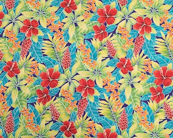 Red Hibiscus with Tropical Flowers Purple Fabric
