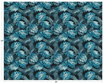 Ombre Polynesian Tribal Tapa Print and Monstera Leaf Polyester Cotton Blend Fabric - Turquoise