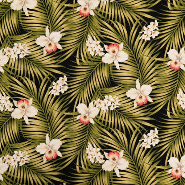 Orchid and Palm Leaf Print Tropical Interior Fabric | Bark Cloth Hawaiian Upholstery Furniture Grade Fabric | Black