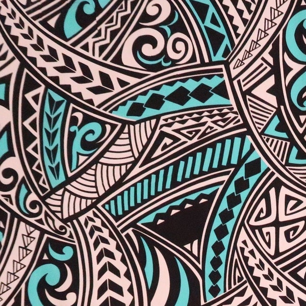 Polynesian Tribal Print 100% Cotton Fabric / - Turquoise and Black C129T