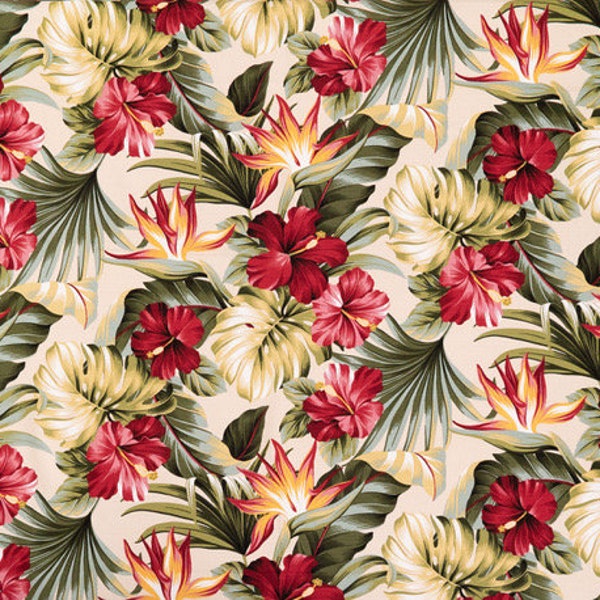 Hibiscus and Tropical Floral Print for Interior Furniture Fabric | Bark Cloth Hawaiian Upholstery Grade Fabric | Beige