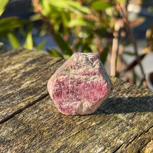 Könnte beinhalten: Ein naturbelassener Rubin-Edelstein mit tiefrosa Farbton. Der Stein hat eine strukturierte Oberfläche und liegt auf einem verwitterten Holzgrund, mit grünem Laub im unscharfen Hintergrund.