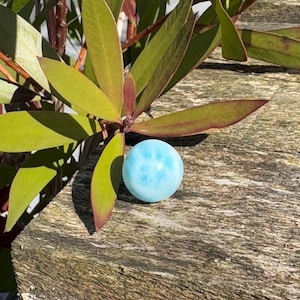 May include: A light blue gemstone with a snowflake pattern, resting on a piece of weathered wood.