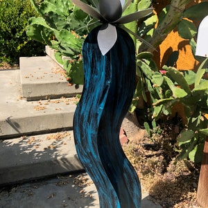 Tilted Lily Modern Cactus Sculpture – 4ft Handcrafted Steel Art – Black & Blue Painted Stem with Silver Petals – Indoor/Outdoor Decor