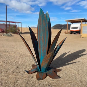 36" Rusty Agave, Blue,  Landscape, Metal, Art, decor, sculpture, garden, aesthetic, scenery, desert, structure, Sculpture, Flower, steel