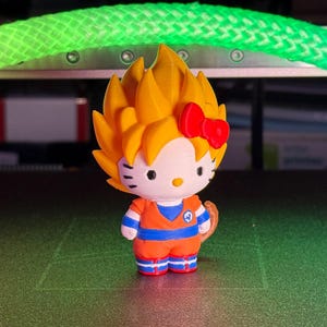Puede incluir: Una pequeña figura que representa un personaje de gato blanco con un peinado amarillo puntiagudo, un lazo rojo y un uniforme de artes marciales naranja con detalles azules. El personaje tiene bigotes negros, ojos negros y una pequeña nariz amarilla.