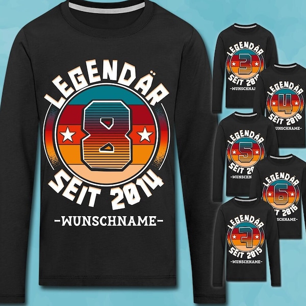 Geburtstagsshirt langarm 3, 4, 5, 6, 7, 8 Geburtstag Personalisiert Name mit Zahl Ich bin , 3, 4, 5, 6, 7, 8 Jahre Geschenk Legendär seit