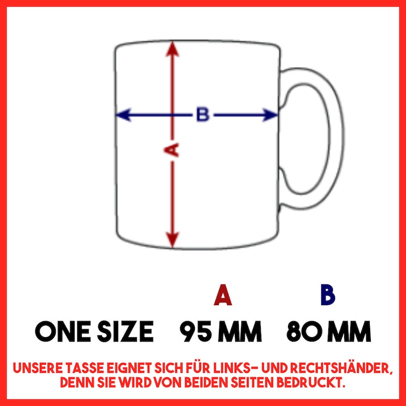 May include: A white ceramic mug with a black outline and a handle. The mug is 95 mm tall and 80 mm wide. The text "ONE SIZE" is printed below the mug.