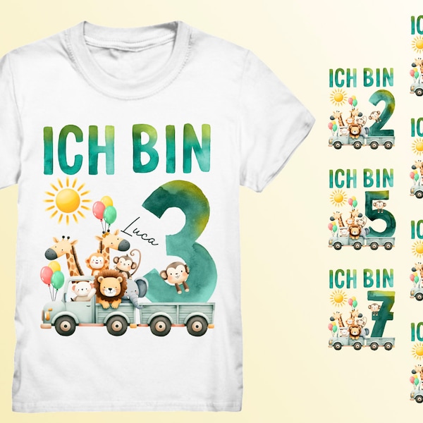 1,2,3,4,5,6,7,8 Geburtstag Mädchen Junge Ich bin 2,3,4 Jahre alt Safari Dschungeltiere Giraffe Affe Löwe Wild Geschenk Geburtstagsshirt