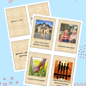 May include: A set of six cards with images and text in Tamil and English. The cards feature images of a house, two people talking, two hands holding each other, and four people walking. The text on the cards includes phrases like "Build your house meeting your needs" and "Speak nice and sweet".