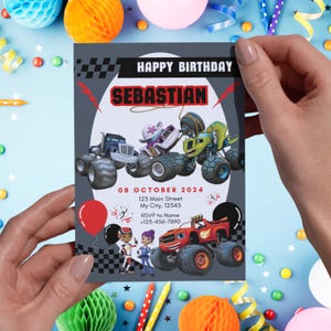 Fully Customizable Birthday Party Invitation Monster Truck Cartoon 5 x 7 Digital Download Blaze and Monster Machines