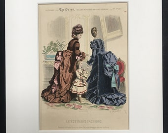 Antique Original Victorian Paris Fashion Print Sept 1873 Mounted 16" x 20" Women Hand-coloured Rare Brown Blue Child Gallery 140+ years old