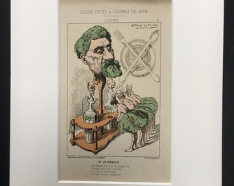 Antique Rare 1871 French Political Satire Cartoon Caricature P Joigneaux by Alfred Le Petit 12" x 16" Hand-Coloured Recently Mounted