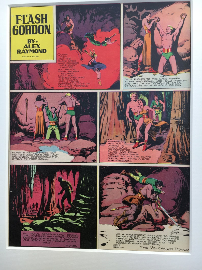 Original Vintage Flash Gordon Science Fiction Adventure Comic Page 1939 Alex Raymond Mounted 16x 20 1930s Print Early Collectable Graphic image 2