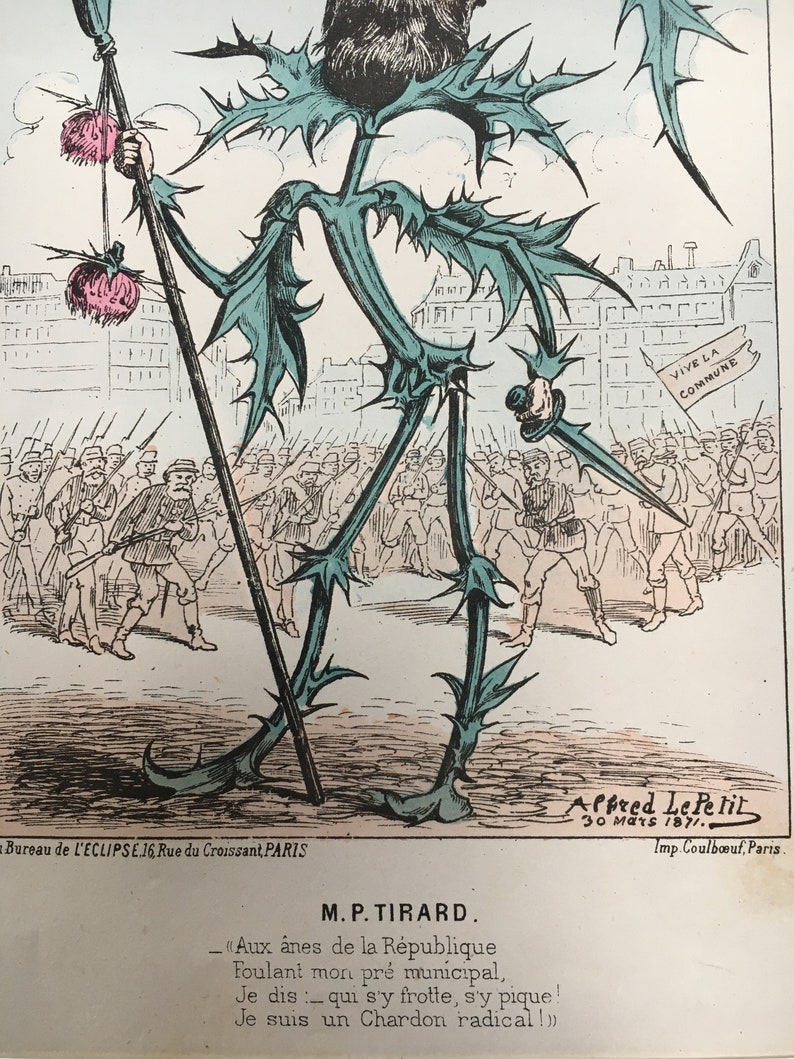 Antique Rare 1871 French Political Satire Cartoon Caricature Pierre Tirard by Alfred Le Petit 12 x 16 Hand-Coloured Recently Mounted