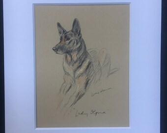 Vintage c1930s book illustration Alsatian German Shepherd print recently mounted 10" x 12" Lucy Dawson (Mac) animal pet dog art