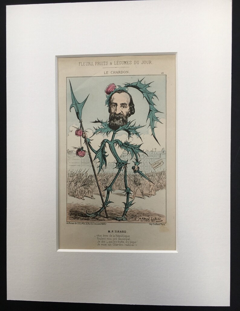 Antique Rare 1871 French Political Satire Cartoon Caricature Pierre Tirard by Alfred Le Petit 12 x 16 Hand-Coloured Recently Mounted