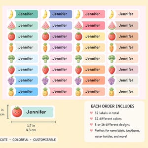 May include: A sheet of 32 rectangular adhesive labels featuring various fruit and vegetable illustrations and the name Jennifer. Each label measures 1.3 cm by 4.3 cm. The designs include bananas, watermelons, strawberries, carrots, broccoli, grapes, and pineapples.